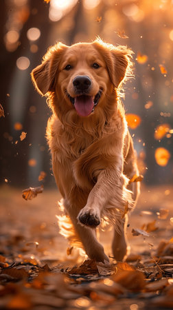 joyful Golden Retriever dashes through the park, basking in golden sunlight peeking through foliageの素材