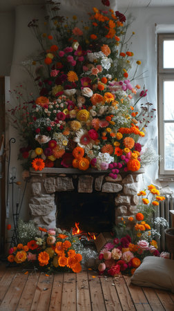 Enhance your space with a stunning fireplace adorned by a cascading floral arrangementの素材