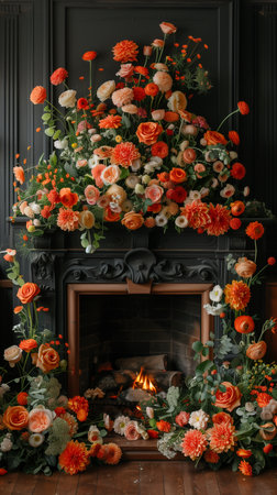 Enhance your space with a stunning fireplace adorned by a cascading floral arrangementの素材
