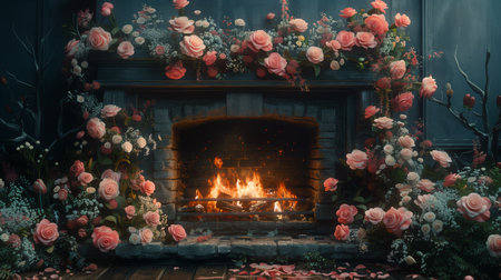 Enhance your space with a stunning fireplace adorned by a cascading floral arrangementの素材