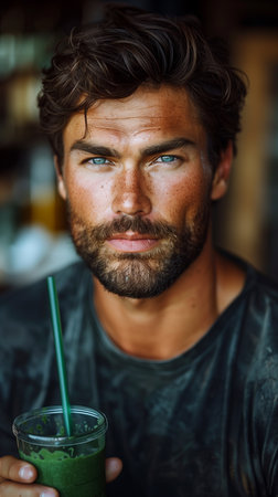 Muscular bodybuilder sipping green smoothie through straw, showcasing strength and health in every gulpの素材