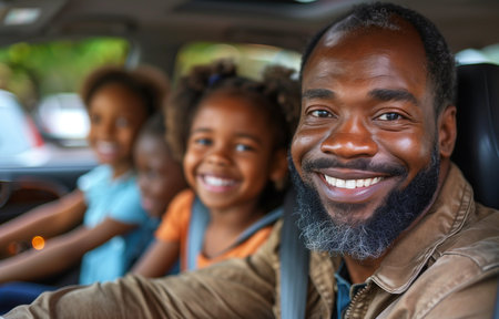 joyful family journey unfolds as parents drive, flanked by their children in the carの素材