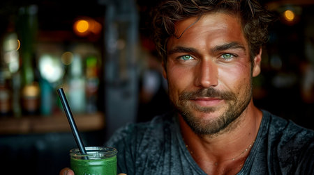Muscular bodybuilder sipping green smoothie through straw, showcasing strength and health in every gulpの素材