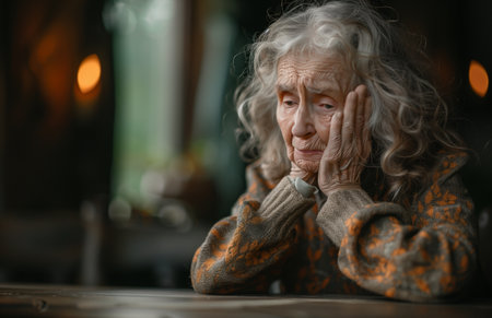 Senior woman weeps alone at table, hands hiding her face, sorrow filling the roomの素材