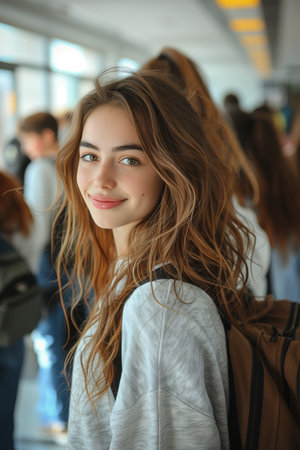 Group of high school students happily stroll down the hallway, chatting, carrying backpacks, embodying youthful camaraderieの素材