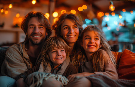Family shares joy in warmly lit living room, bonding together in the evening ambianceの素材