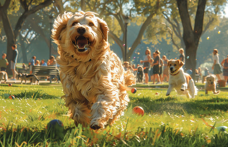 On a sunny day at the local dog park, dogs of all breeds play together, chasing balls and frisbeesの素材