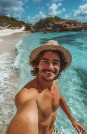 Young man smiles, waves, and takes a selfie on the beach during a sunny summer vacationの素材