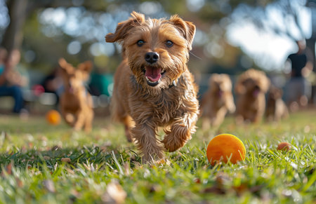 On a sunny day at the local dog park, dogs of all breeds play together, chasing balls and frisbeesの素材