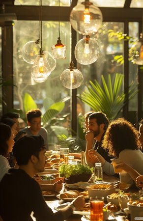 Imagine coworkers bonding over lunch in a vibrant office break room filled with camaraderieの素材