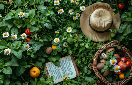 Enjoy a leisurely picnic on lush grass with a fruit basket, book, and hatの素材