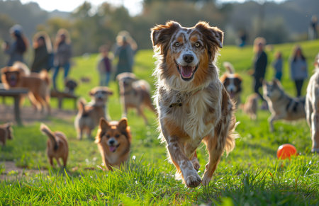 On a sunny day at the local dog park, dogs of all breeds play together, chasing balls and frisbeesの素材