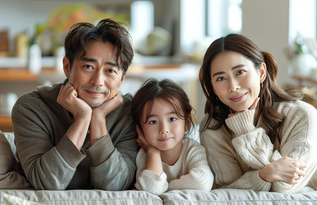 Japanese family of three relaxes on sofa; father ponders thoughtfully, mother and daughter watch intentlyの素材