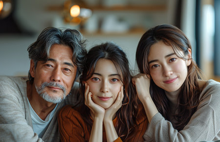 Japanese family of three relaxes on sofa; father ponders thoughtfully, mother and daughter watch intentlyの素材