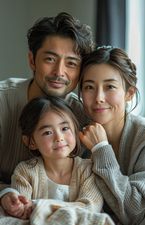 Japanese family of three relaxes on sofa; father ponders thoughtfully, mother and daughter watch intentlyの素材