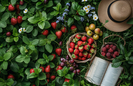 Enjoy a leisurely picnic on lush grass with a fruit basket, book, and hatの素材