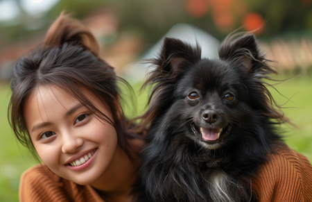 Joyful Asian lady relaxes on grass with adorable Pomeranian, radiating happiness and beauty effortlesslyの素材