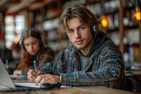 Young professional multitasks, jotting notes while utilizing laptop in contemporary workspaceの素材