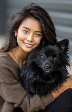 Joyful Asian lady relaxes on grass with adorable Pomeranian, radiating happiness and beauty effortlesslyの素材
