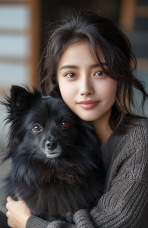 Joyful Asian lady relaxes on grass with adorable Pomeranian, radiating happiness and beauty effortlesslyの素材
