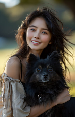 Joyful Asian lady relaxes on grass with adorable Pomeranian, radiating happiness and beauty effortlesslyの素材