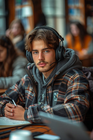 Young professional multitasks, jotting notes while utilizing laptop in contemporary workspaceの素材