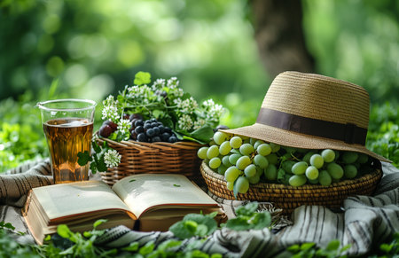 Enjoy a leisurely picnic on lush grass with a fruit basket, book, and hatの素材