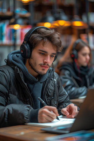 Young professional multitasks, jotting notes while utilizing laptop in contemporary workspaceの素材