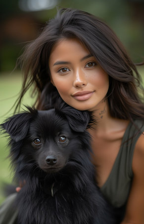 Joyful Asian lady relaxes on grass with adorable Pomeranian, radiating happiness and beauty effortlesslyの素材