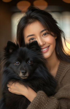 Joyful Asian lady relaxes on grass with adorable Pomeranian, radiating happiness and beauty effortlesslyの素材