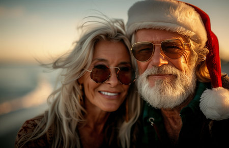 Elderly couple joyfully don Santa hats, celebrating Christmas vacation at the sunny beachの素材