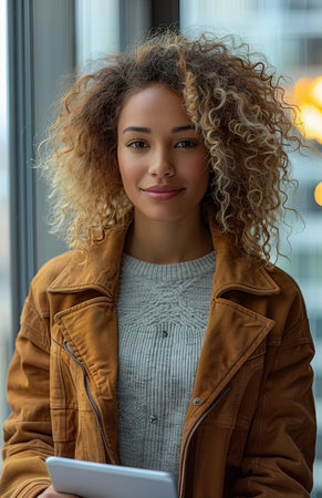 Confident professional woman in modern office, holding digital tablet near window, smiling at cameraの素材
