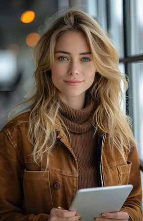 Confident professional woman in modern office, holding digital tablet near window, smiling at cameraの素材