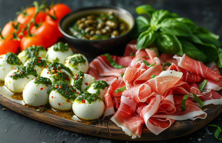 Prosciutto, mozzarella, and basil cocktail topped with green oil, elegantly served on a wooden boardの素材