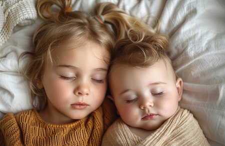 Young girl peacefully rests beside newborn sibling, sharing tender moments in their cozy bedの素材