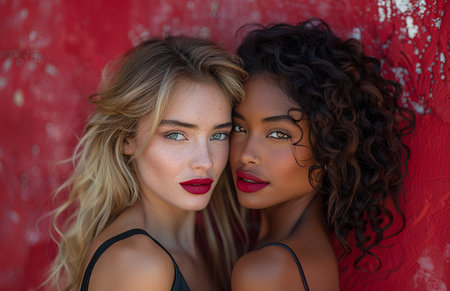 Two stunning women, one blonde and the other with curly dark locks, both wearing red lipstickの素材