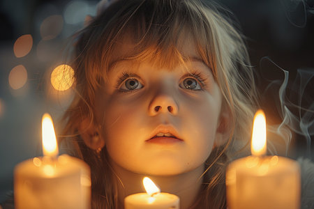 blonde-haired girl gazes at candles in the background, captivated by their flickering glowの素材