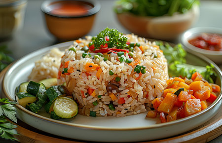 Vegetables atop white plate showcase Biidul rice's flavorful fusion, a culinary delight to savorの素材