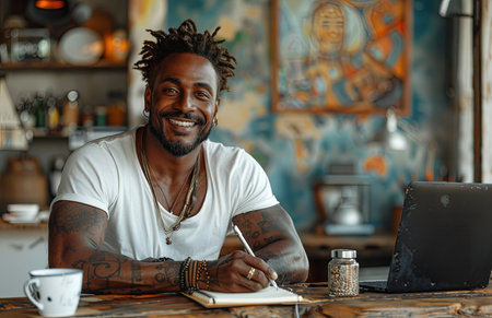 man in a white tee jotting notes near a laptop and coffee in his home officeの素材