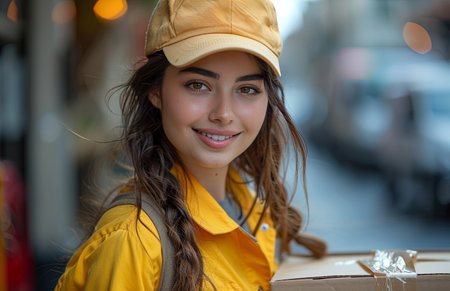 Young Indian woman in yellow uniform and cap, carrying cardboard box on urban streetの素材