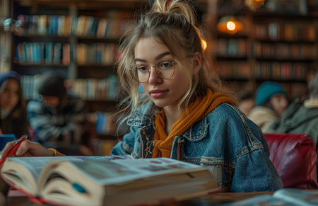Woman teaches group in library, sharing knowledge from a book she reads aloudの素材