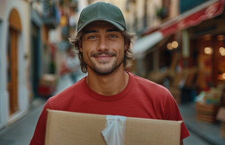 Cheerful young Caucasian delivery man in red t-shirt and cap carries cardboard boxの素材