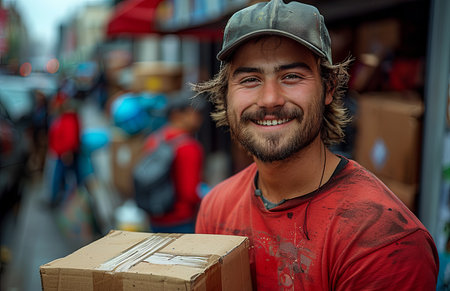 Cheerful young Caucasian delivery man in red t-shirt and cap carries cardboard boxの素材