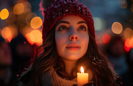 At a Christmas night service, a young woman holds a candle, illuminating the crowdの素材