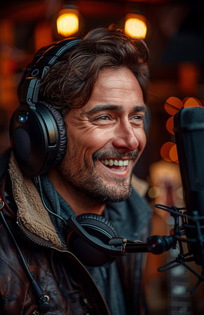 Smiling man with headphones speaks into microphone, recording a podcast or addressing the cameraの素材
