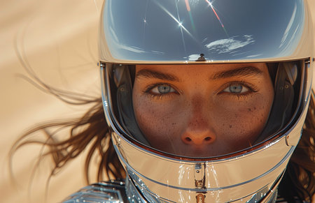 Woman strolling sandy terrain in silver headgear, exuding confidence and grace with every stepの素材