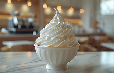 bowl filled with creamy, smooth white soft serve ice cream, perfect for dessertの素材