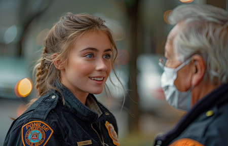 youthful woman in a fireman's uniform chats with a masked elderly man outdoors, smiling warmly.の素材