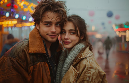 Two young adults enjoying themselves at an amusement park on a lively dateの素材