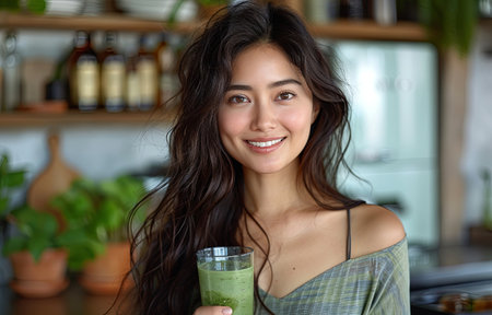 an Asian woman enjoys a smoothie amidst pristine surroundingsの素材